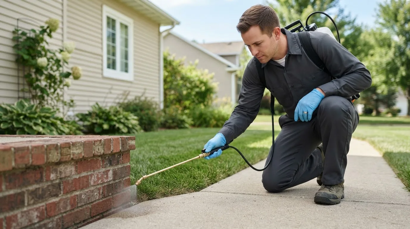 Pest control technician treating a home near Bourne, MA